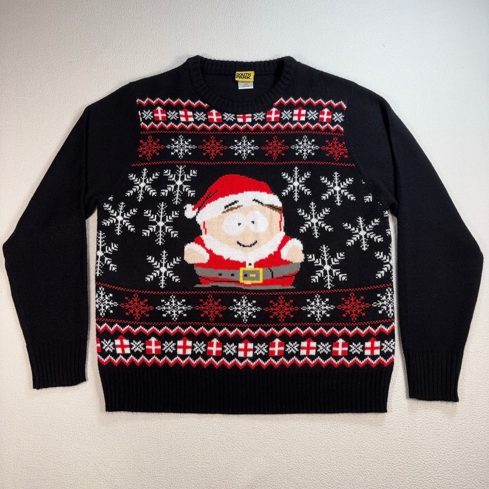 South Park Christmas Sweater Men's XL Black Cartman Santa‎ Claus Knit Ugly